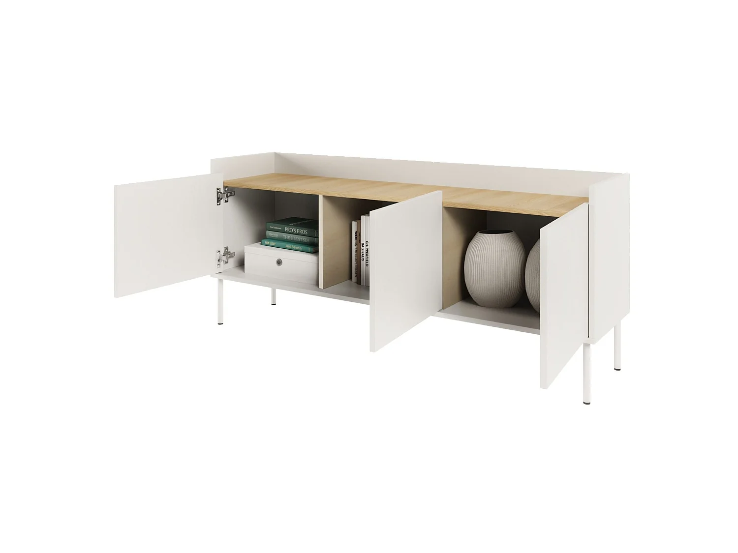 Meuble TV 3 portes – blanc / couleur chêne linberg– 140 cm – TOVI