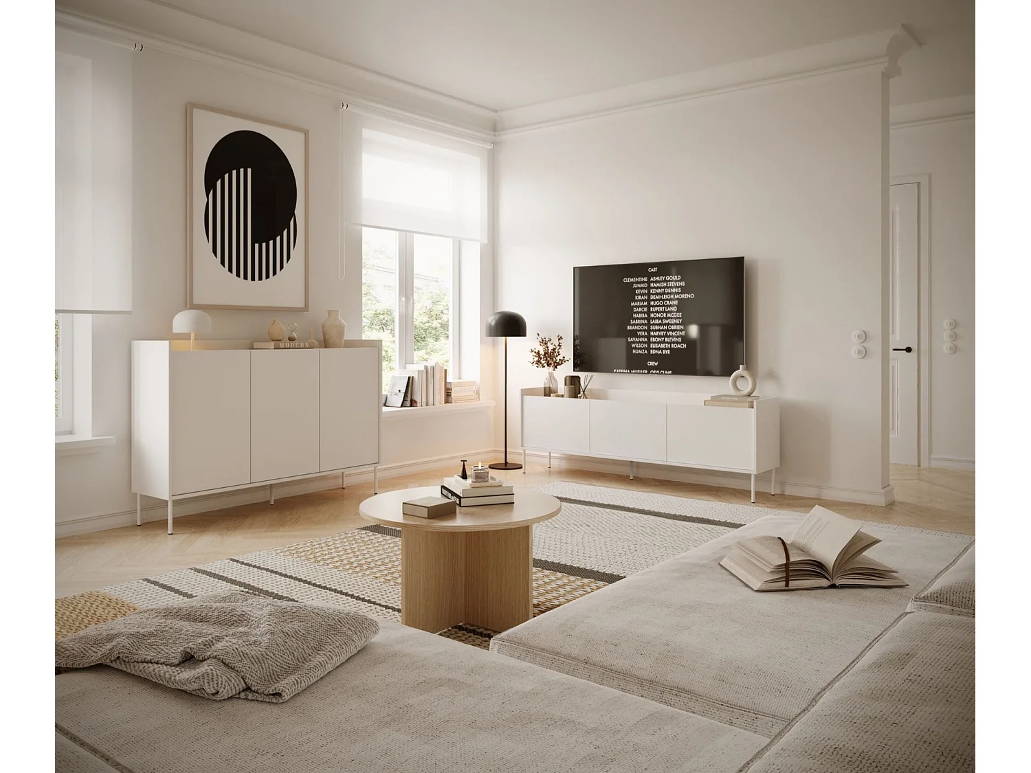 Meuble TV 3 portes – blanc / couleur chêne linberg– 140 cm – TOVI