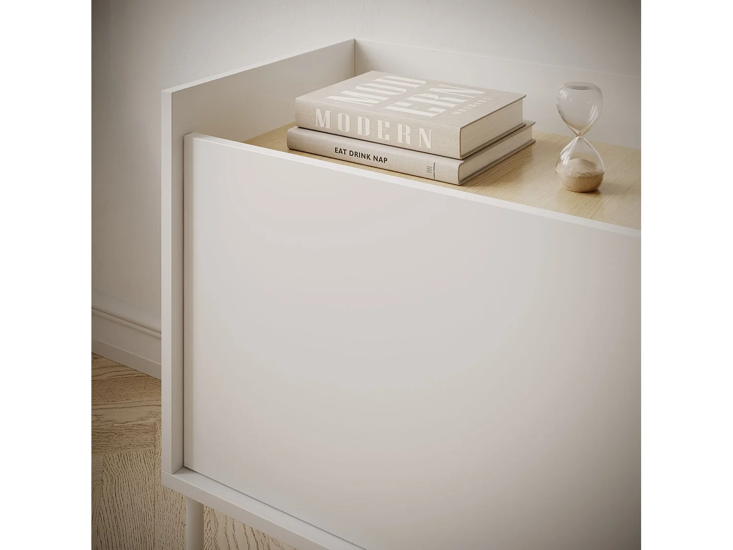 Meuble TV 3 portes – blanc / couleur chêne linberg– 140 cm – TOVI