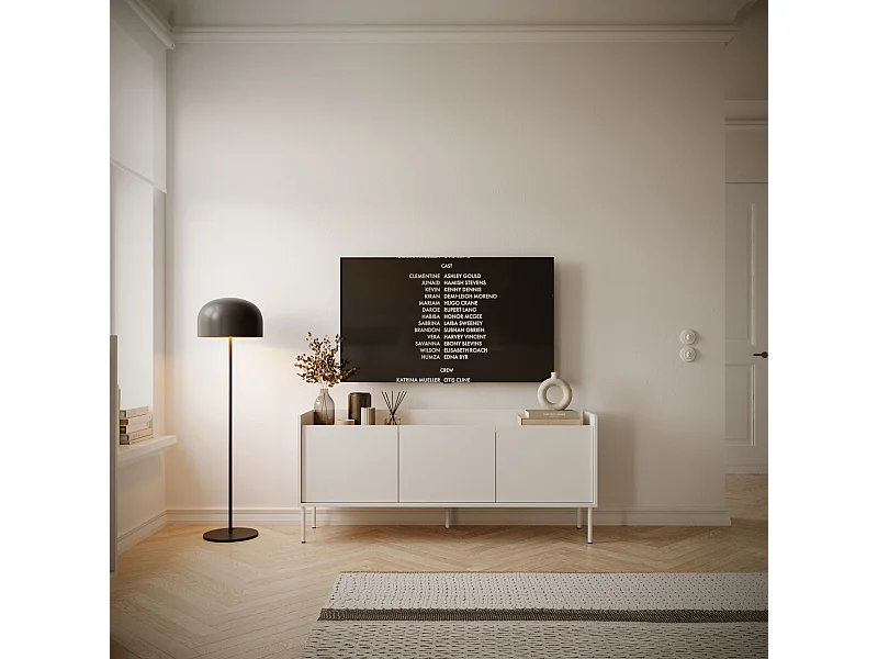 Meuble TV 3 portes – blanc / couleur chêne linberg– 140 cm – TOVI