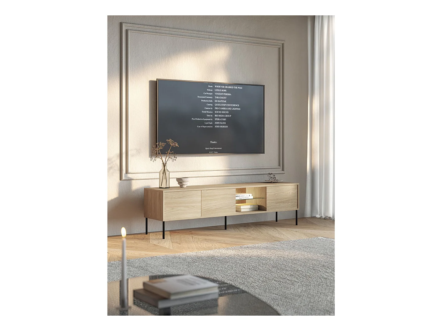 Meuble TV 3 portes avec LED – couleur chêne – 175 cm – MODITY