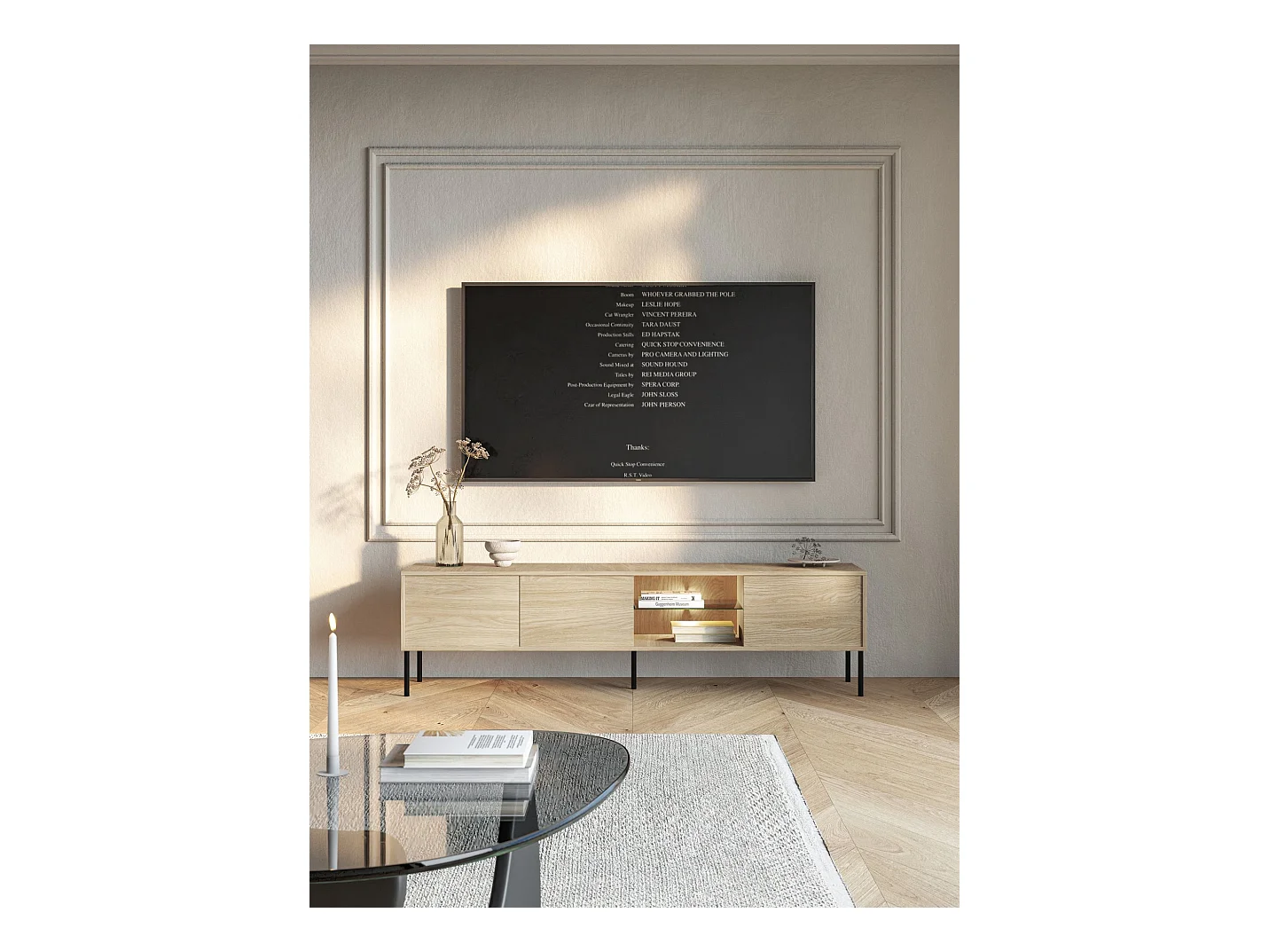 TV-Schrank 3-türig mit Glasregal und LED – 175 cm – Holzoptik Eiche – MODITY