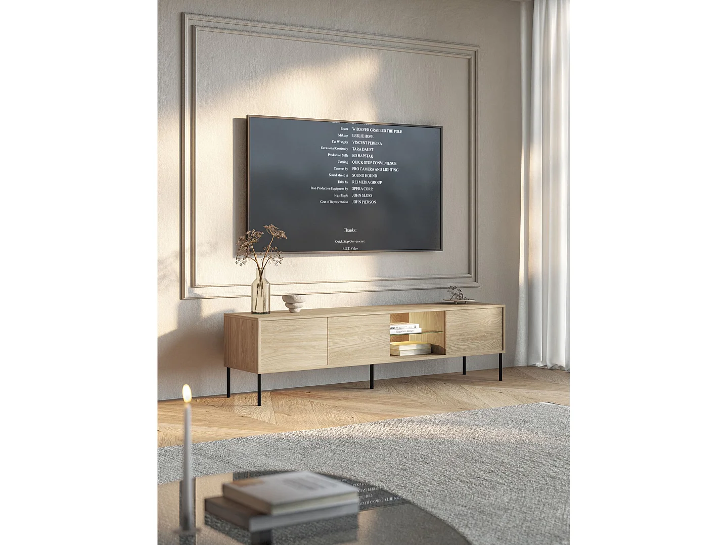 Meuble TV 3 portes avec LED – couleur chêne – 175 cm – MODITY