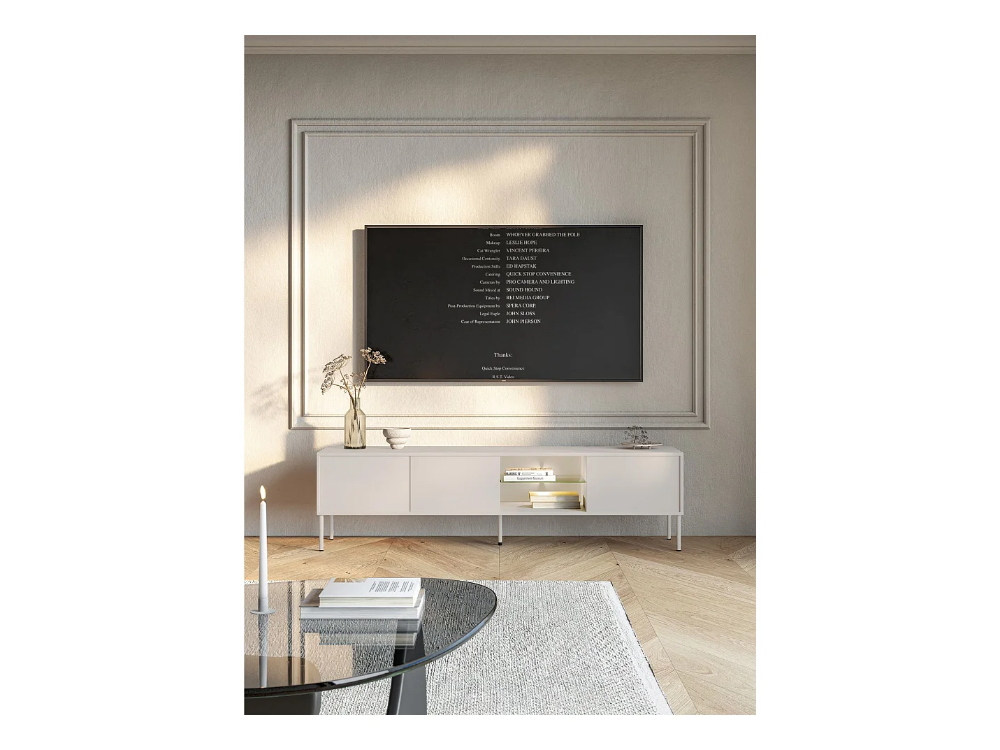 TV-Schrank 3-türig mit Glasregal und LED – 175 cm – Kaschmirgrau – MODITY