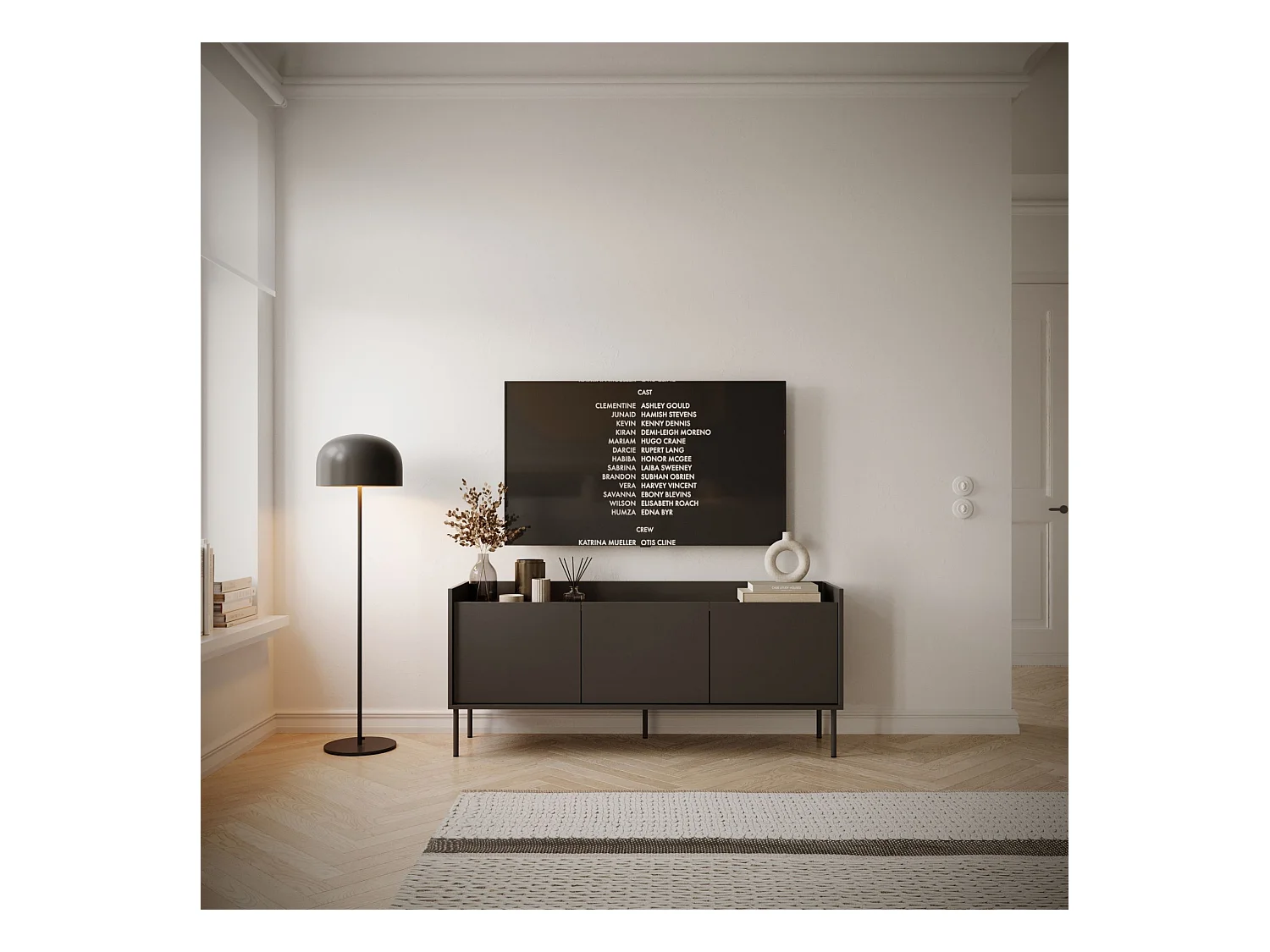 TV-Schrank 3-türig – 140 cm – Schwarz / Holzoptik Nussbaum – TOVI