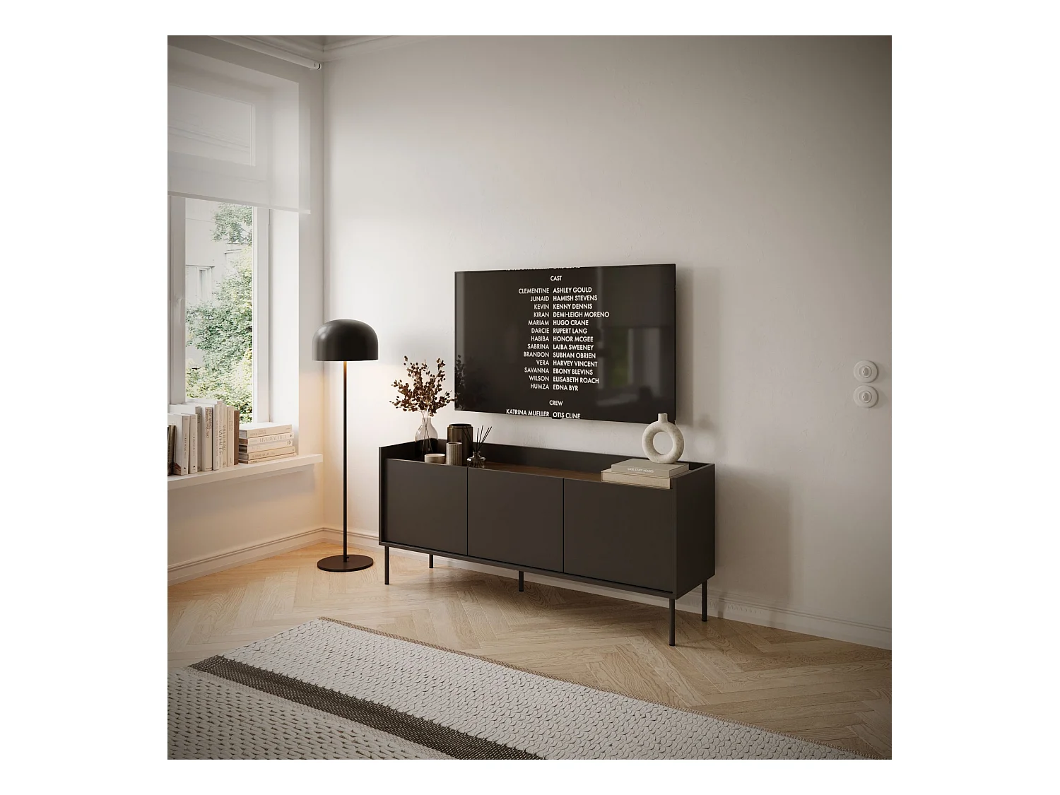 TV-Schrank 3-türig – 140 cm – Schwarz / Holzoptik Nussbaum – TOVI