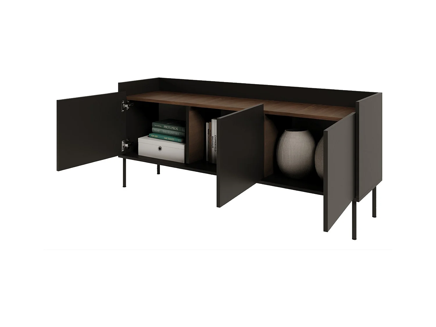 TV-Schrank 3-türig – 140 cm – Schwarz / Holzoptik Nussbaum – TOVI
