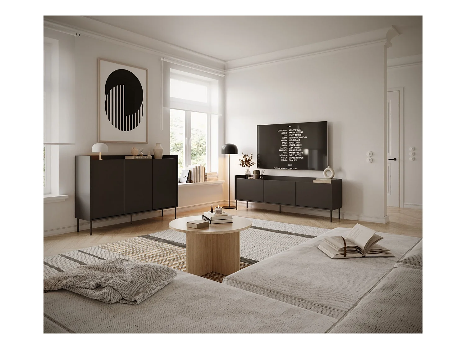 TV-Schrank 3-türig – 140 cm – Schwarz / Holzoptik Nussbaum – TOVI