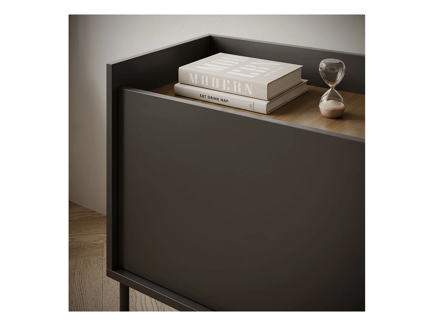 TV-Schrank 3-türig – 140 cm – Schwarz / Holzoptik Nussbaum – TOVI