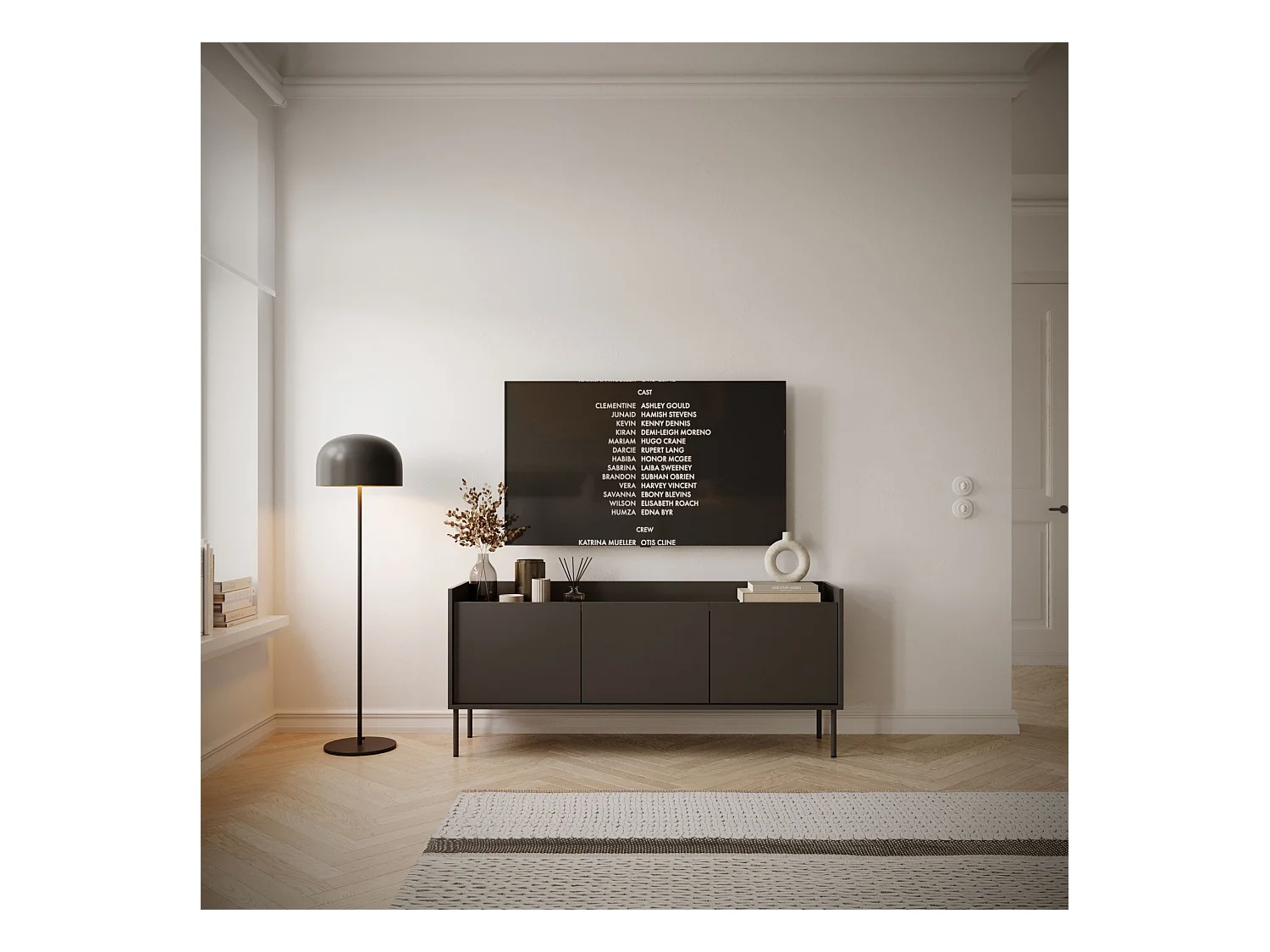 Meuble TV 3 portes – noir / couleur Noyer du Wisconsin– 140 cm – TOVI