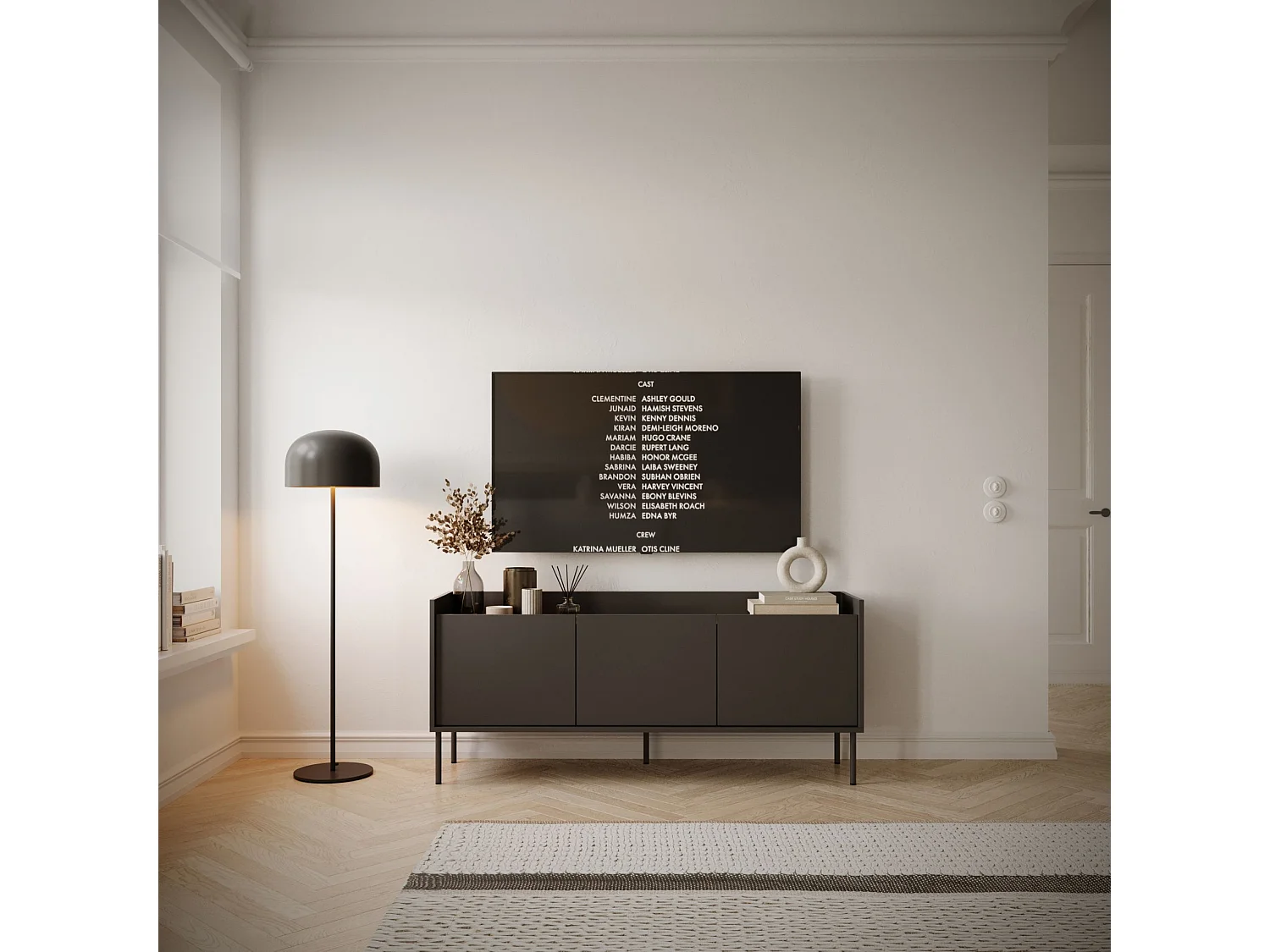 Meuble TV 3 portes – noir / couleur Noyer du Wisconsin– 140 cm – TOVI