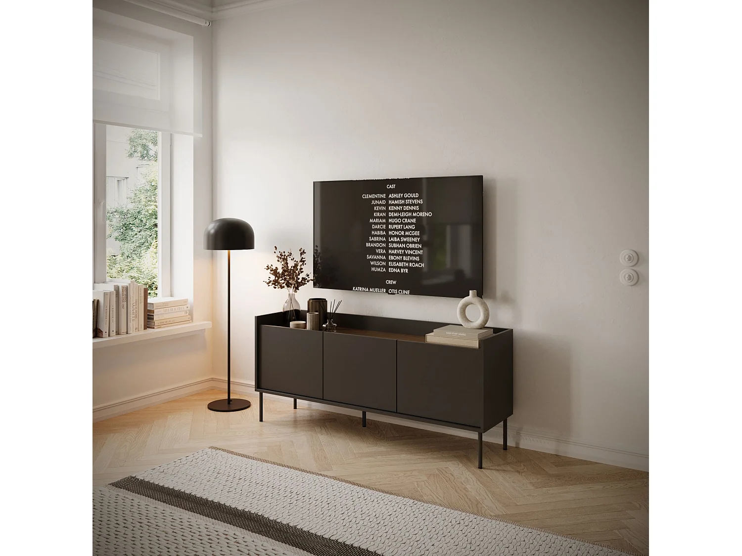 Meuble TV 3 portes – noir / couleur Noyer du Wisconsin– 140 cm – TOVI