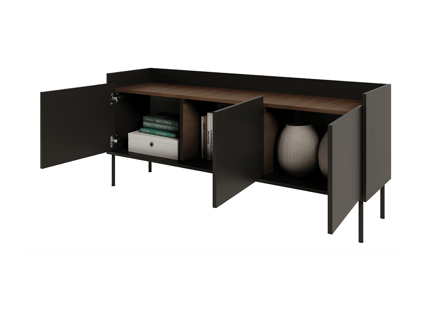 Meuble TV 3 portes – noir / couleur Noyer du Wisconsin– 140 cm – TOVI