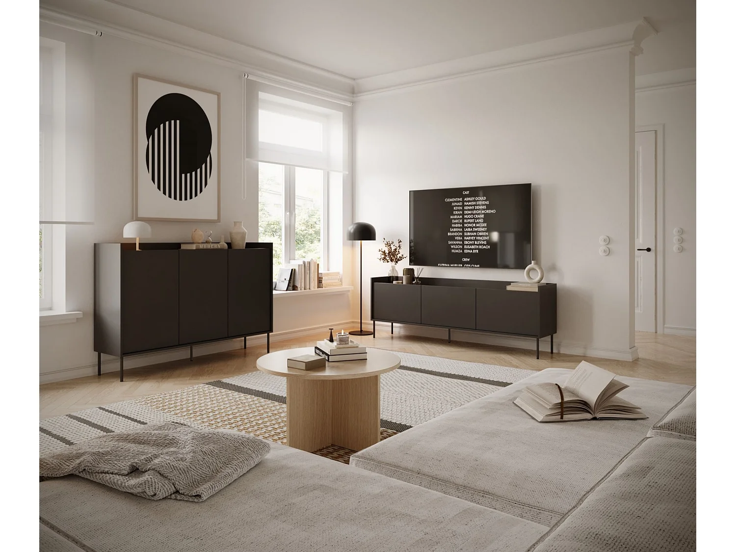 Meuble TV 3 portes – noir / couleur Noyer du Wisconsin– 140 cm – TOVI