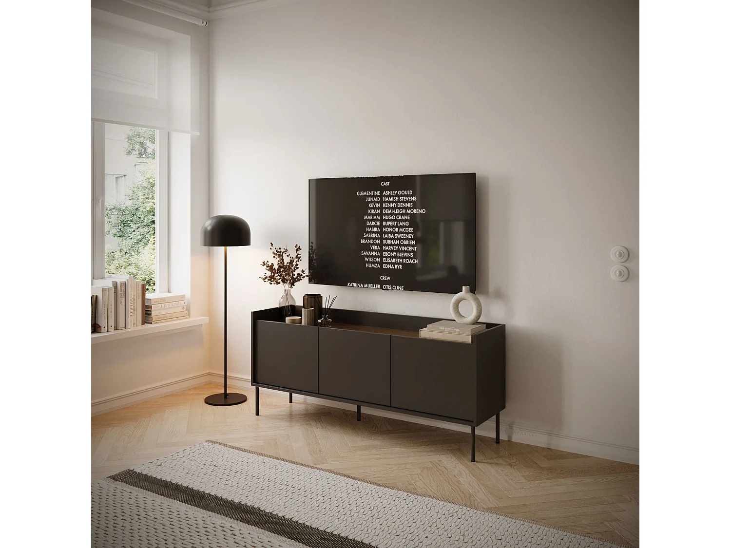 Meuble TV 3 portes – noir / couleur Noyer du Wisconsin– 140 cm – TOVI