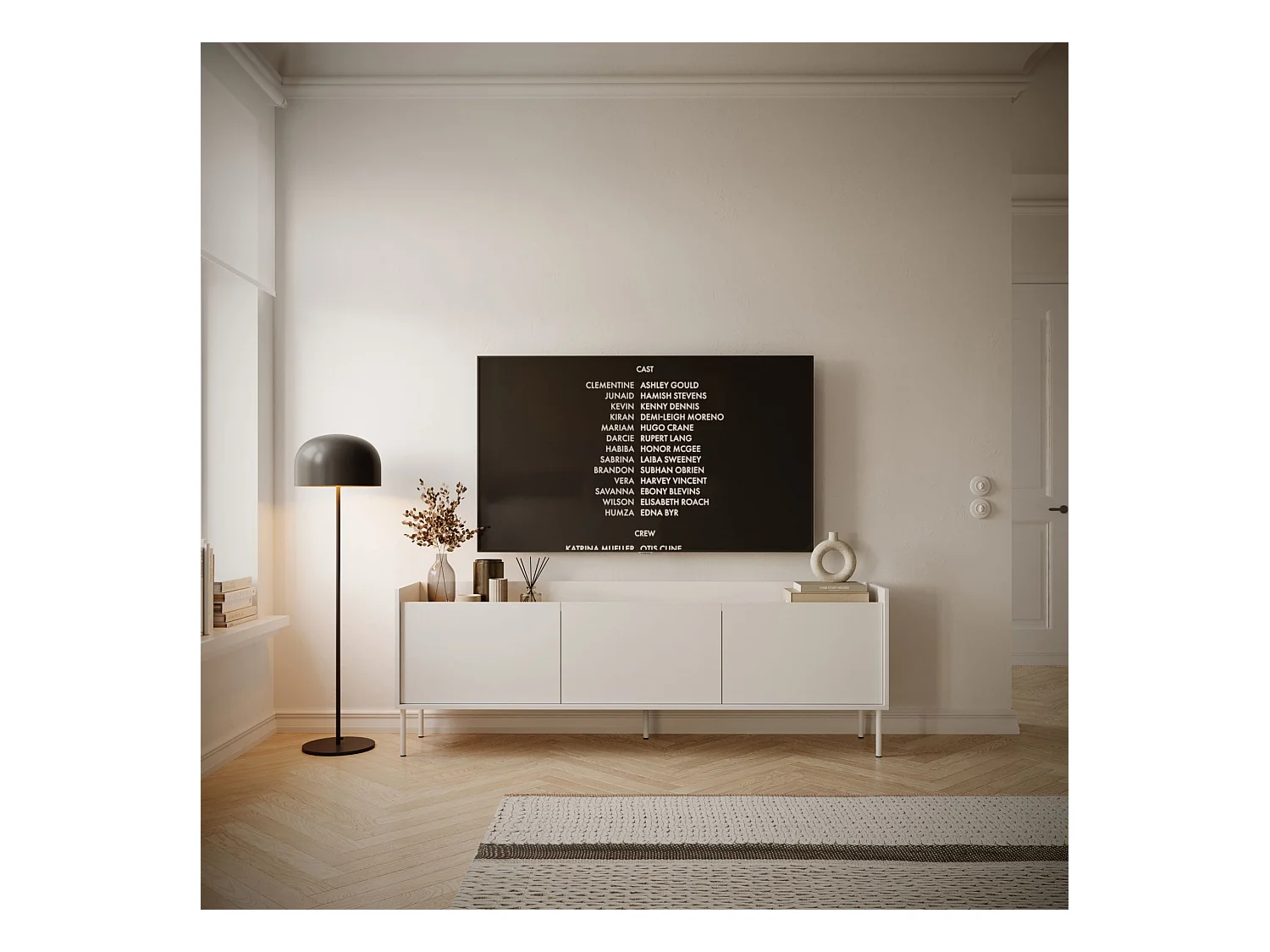 TV-Schrank 3-türig – 175 cm – Weiß / Holzoptik Eiche – TOVI