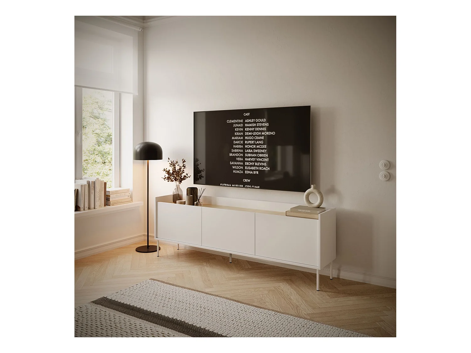 TV-Schrank 3-türig – 175 cm – Weiß / Holzoptik Eiche – TOVI