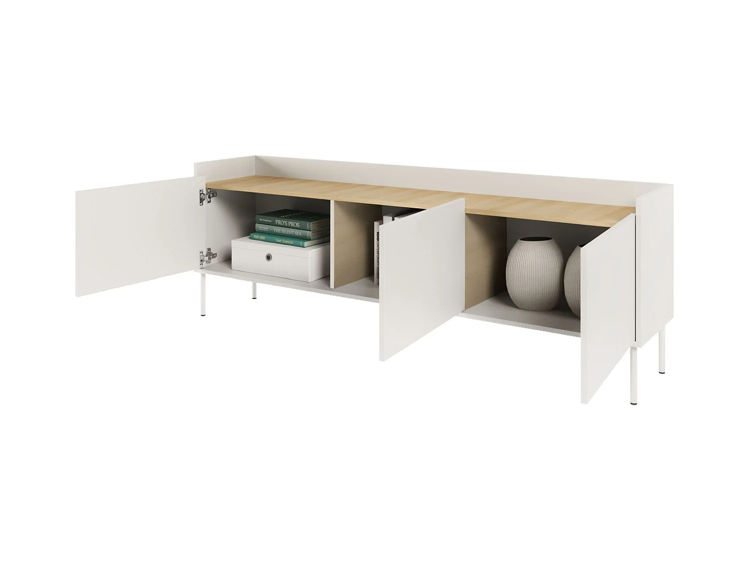 TV-Schrank 3-türig – 175 cm – Weiß / Holzoptik Eiche – TOVI