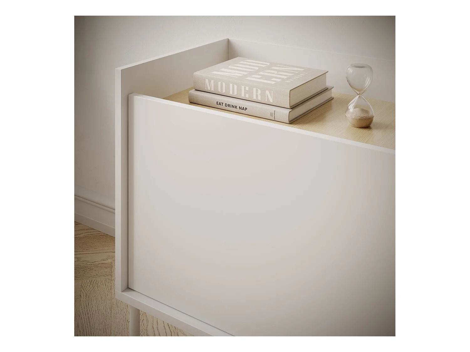 TV-Schrank 3-türig – 175 cm – Weiß / Holzoptik Eiche – TOVI