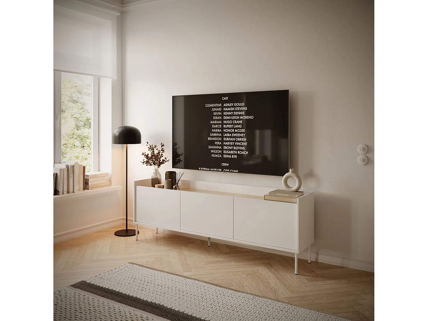 Meuble TV 3 portes – blanc / couleur chêne linberg– 175 cm – TOVI