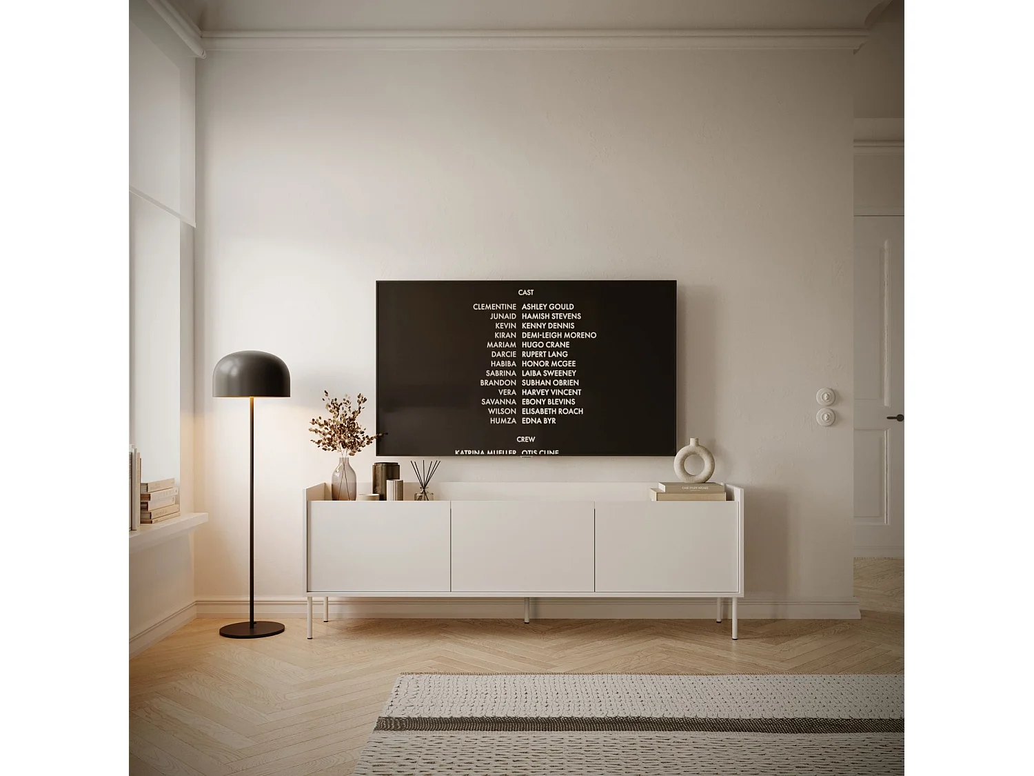 Meuble TV 3 portes – blanc / couleur chêne linberg– 175 cm – TOVI