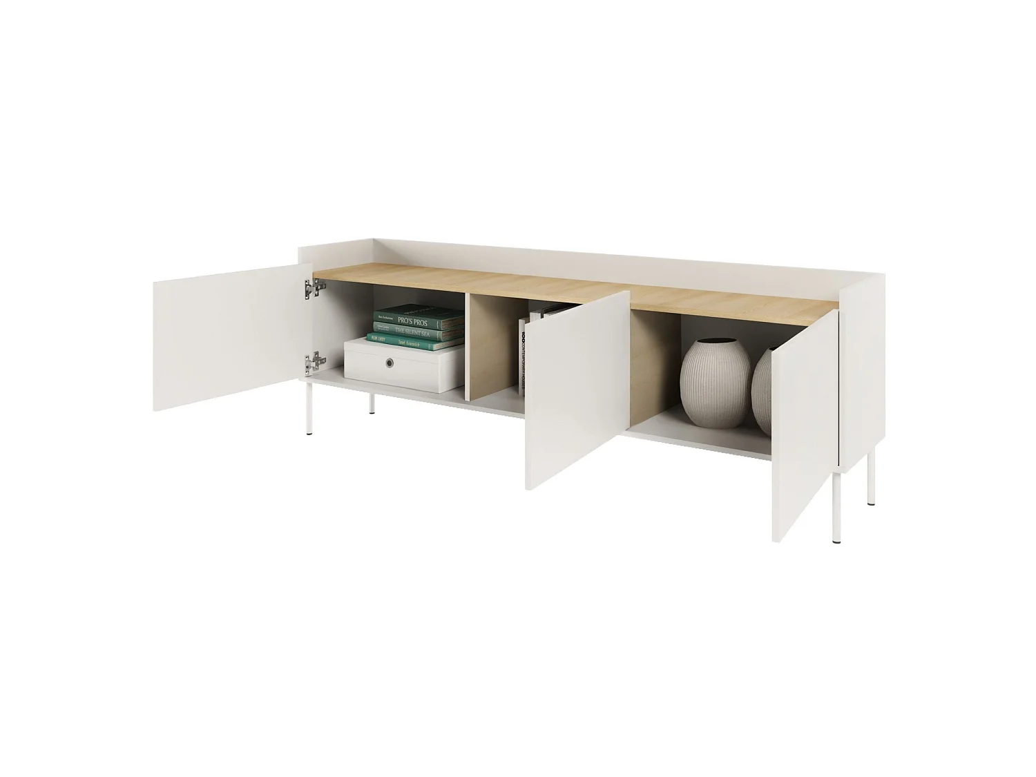 Meuble TV 3 portes – blanc / couleur chêne linberg– 175 cm – TOVI