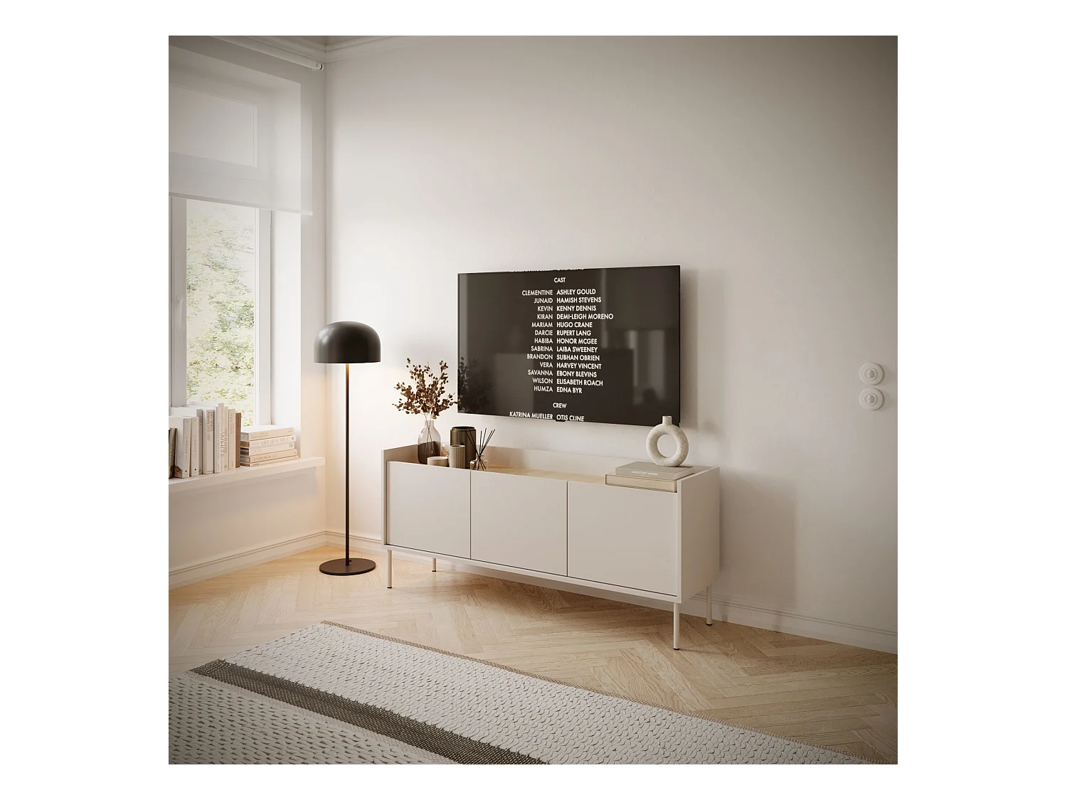 TV-Schrank 3-türig – 140 cm – Kaschmirgrau / Holzoptik Eiche – TOVI