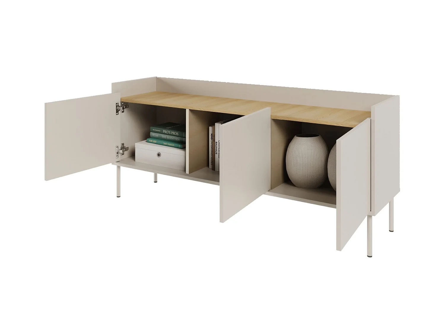 TV-Schrank 3-türig – 140 cm – Kaschmirgrau / Holzoptik Eiche – TOVI