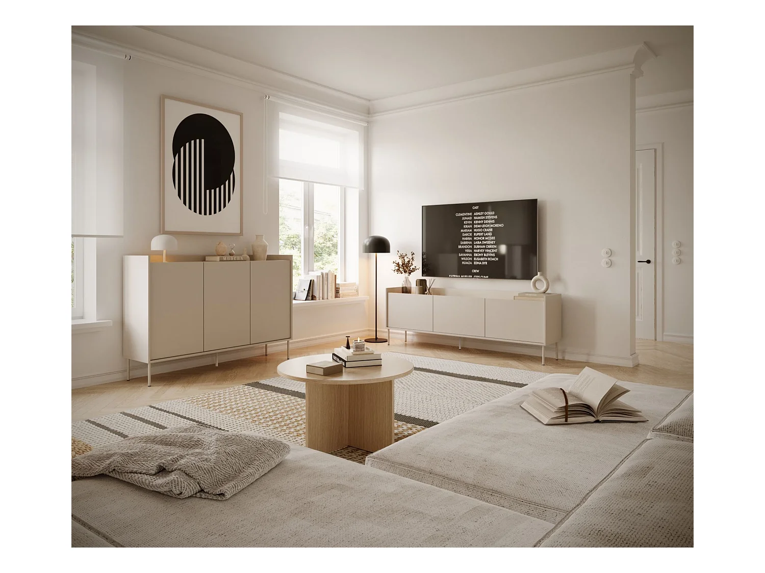 TV-Schrank 3-türig – 140 cm – Kaschmirgrau / Holzoptik Eiche – TOVI