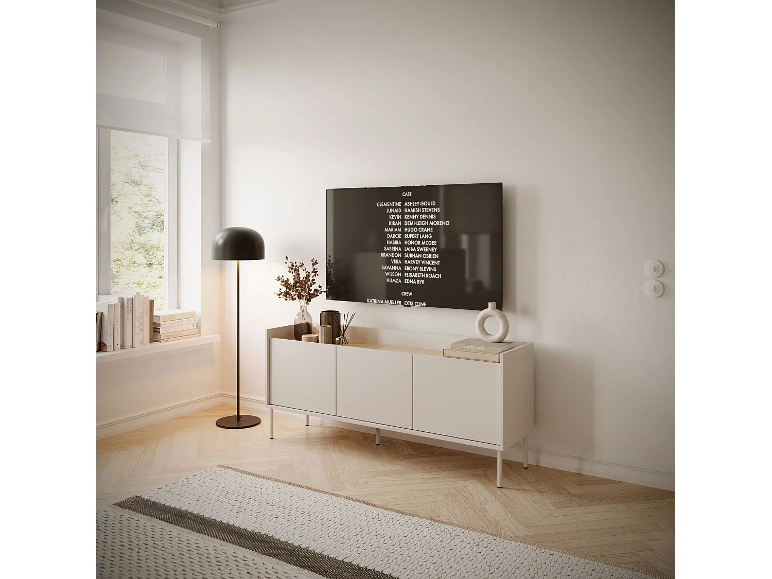 Meuble TV 3 portes – cachemire / couleur chêne Lindberg– 140 cm – TOVI