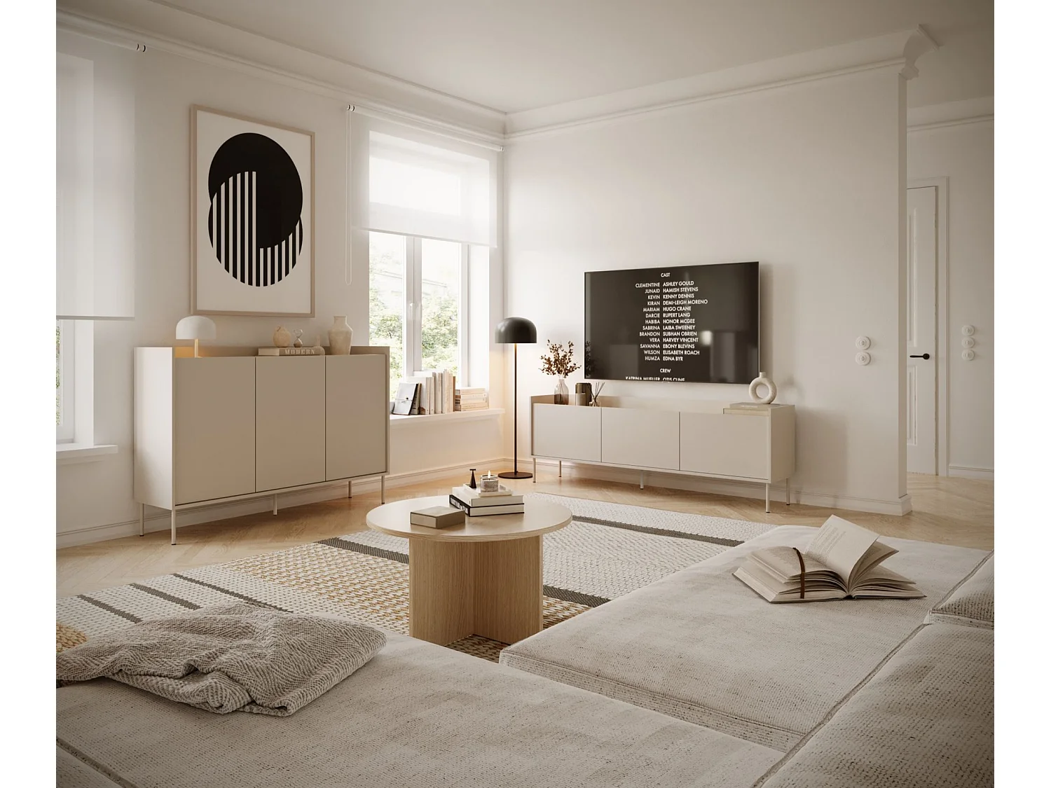 Meuble TV 3 portes – cachemire / couleur chêne Lindberg– 140 cm – TOVI