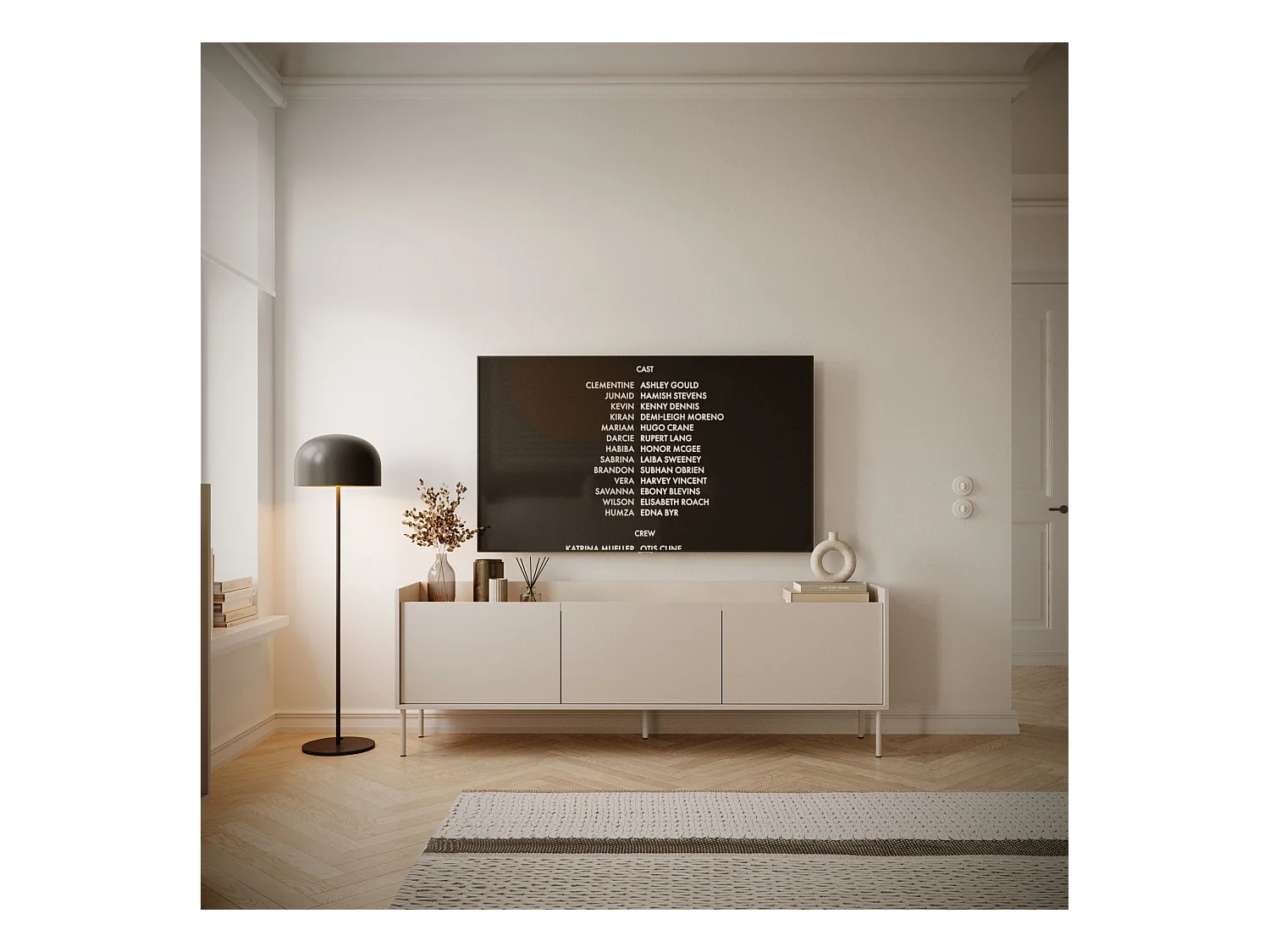 TV-Schrank 3-türig – 175 cm – Kaschmirgrau / Holzoptik Eiche – TOVI