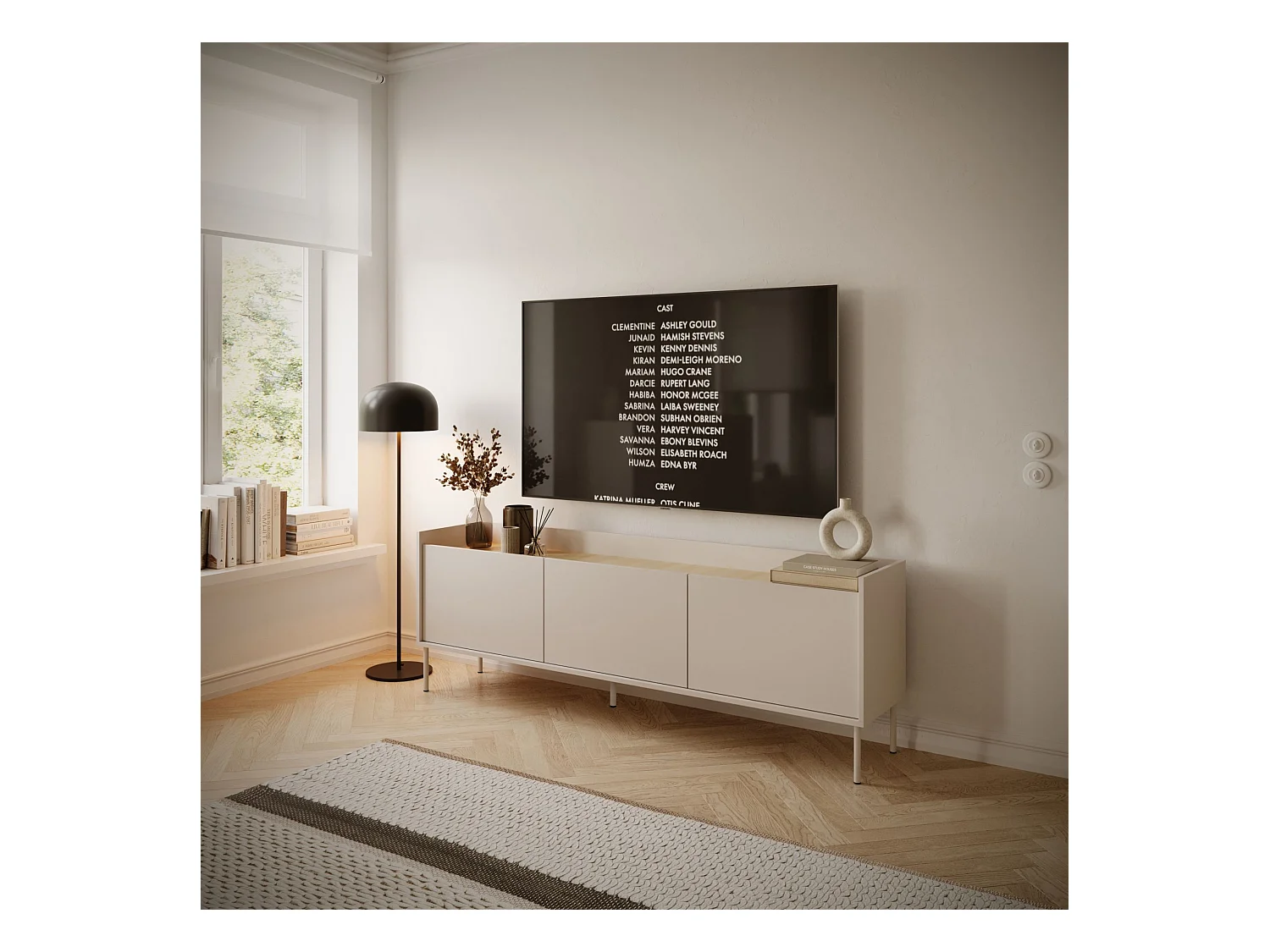 TV-Schrank 3-türig – 175 cm – Kaschmirgrau / Holzoptik Eiche – TOVI
