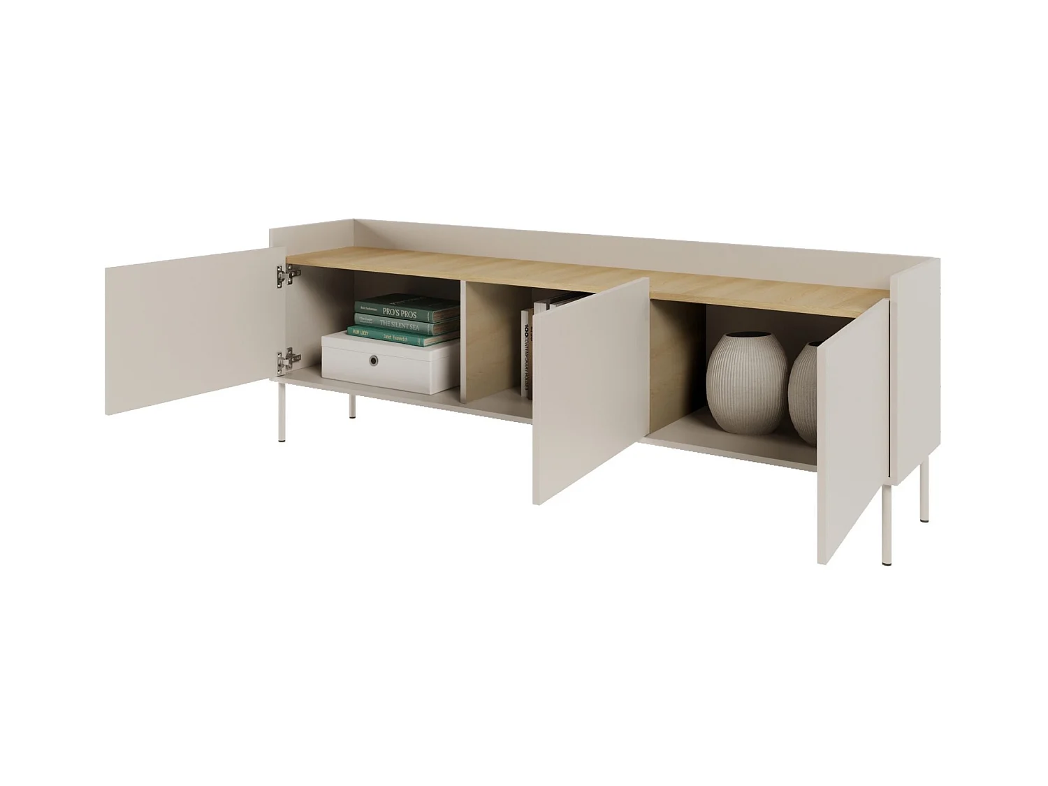 TV-Schrank 3-türig – 175 cm – Kaschmirgrau / Holzoptik Eiche – TOVI