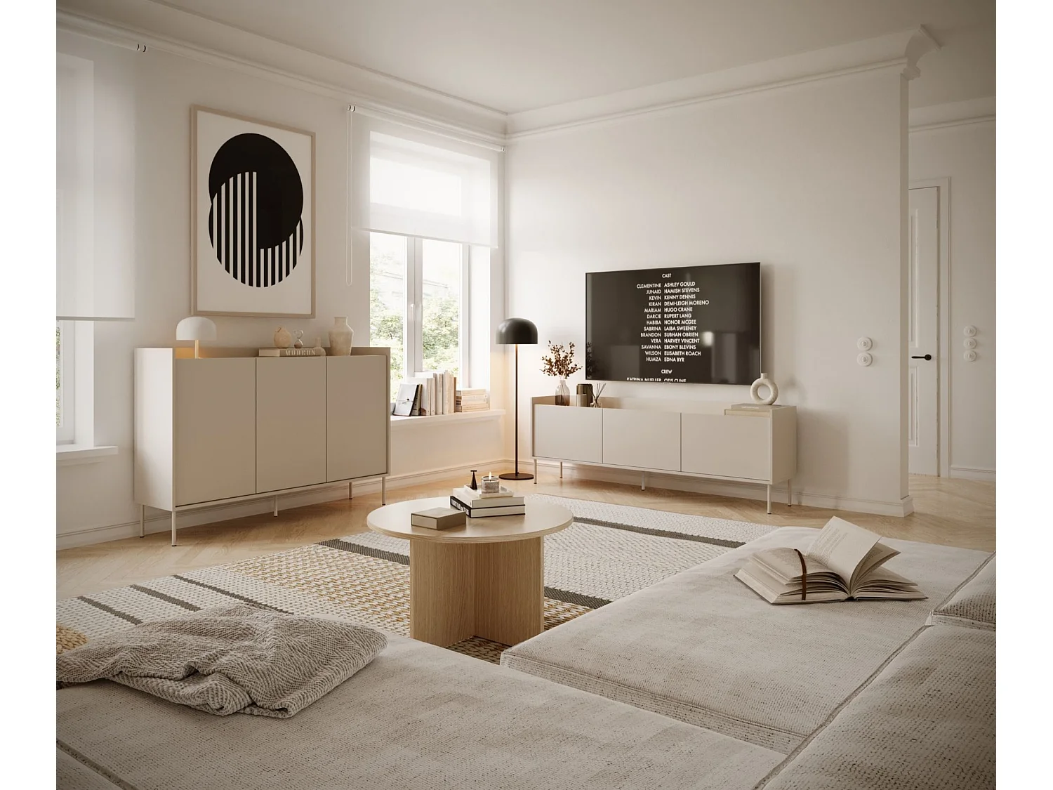 Meuble TV 3 portes – cachemire / couleur chêne Lindberg– 175 cm – TOVI