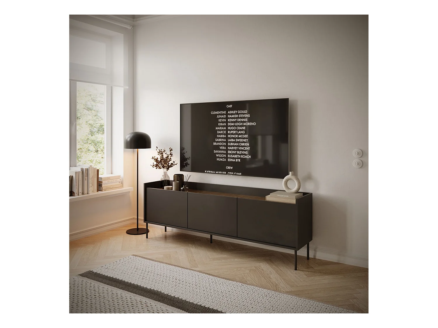 TV-Schrank 3-türig – 175 cm – Schwarz / Holzoptik Nussbaum – TOVI