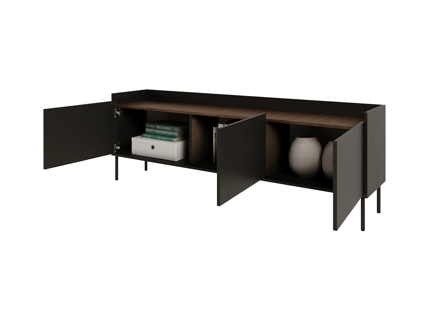TV-Schrank 3-türig – 175 cm – Schwarz / Holzoptik Nussbaum – TOVI
