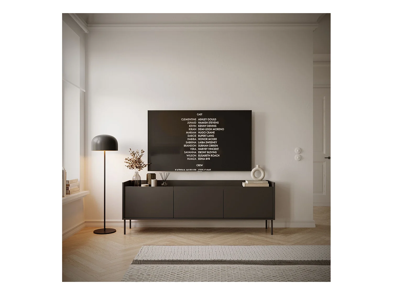 Meuble TV 3 portes – noir / couleur Noyer du Wisconsin– 175 cm – TOVI