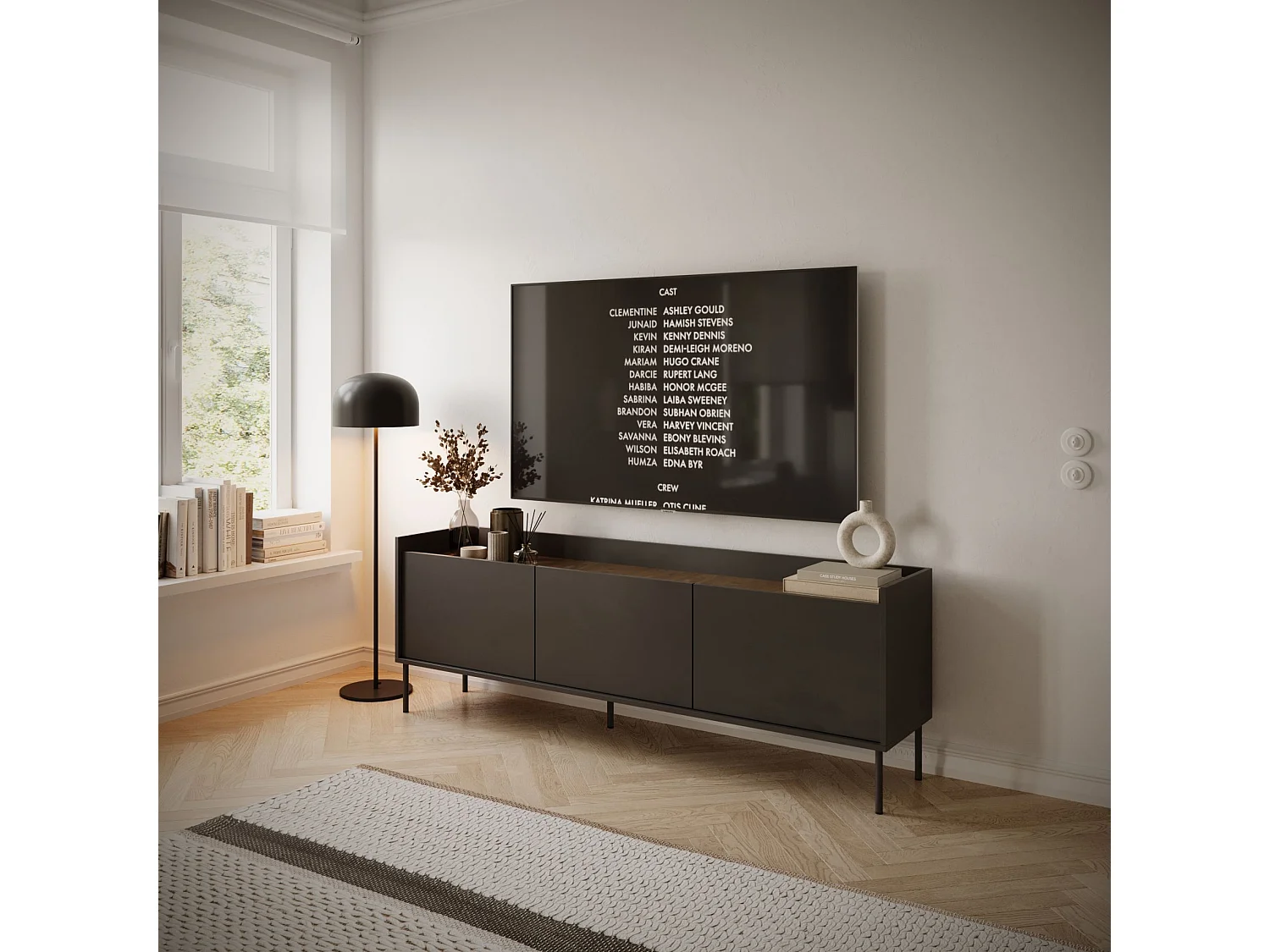 Meuble TV 3 portes – noir / couleur Noyer du Wisconsin– 175 cm – TOVI
