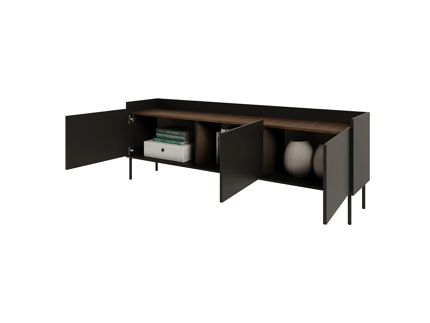 Meuble TV 3 portes – noir / couleur Noyer du Wisconsin– 175 cm – TOVI