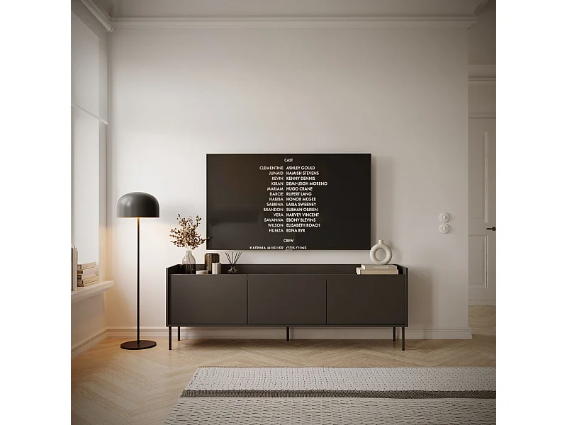 Meuble TV 3 portes – noir / couleur Noyer du Wisconsin– 175 cm – TOVI