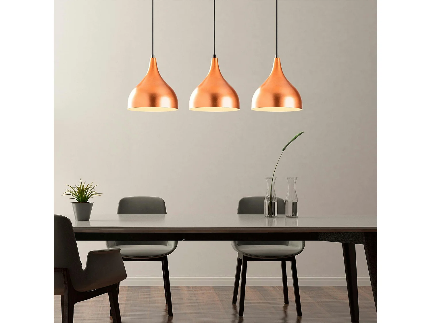 Suspension de cuisine moderne, 3 abat-jour cuivre SILE