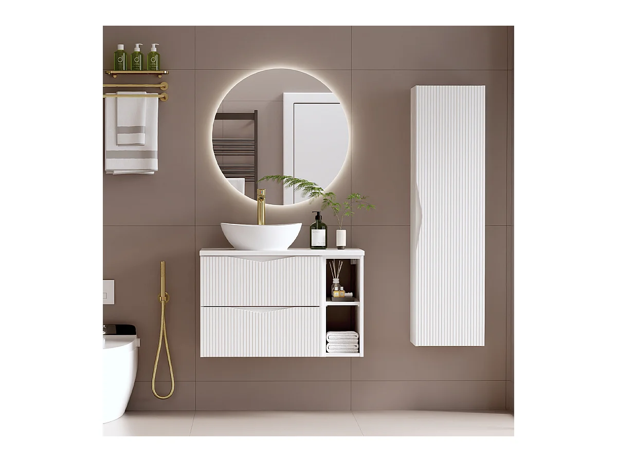 Ensemble meuble simple vasque 80cm 2 niches et colonne Tao Blanc