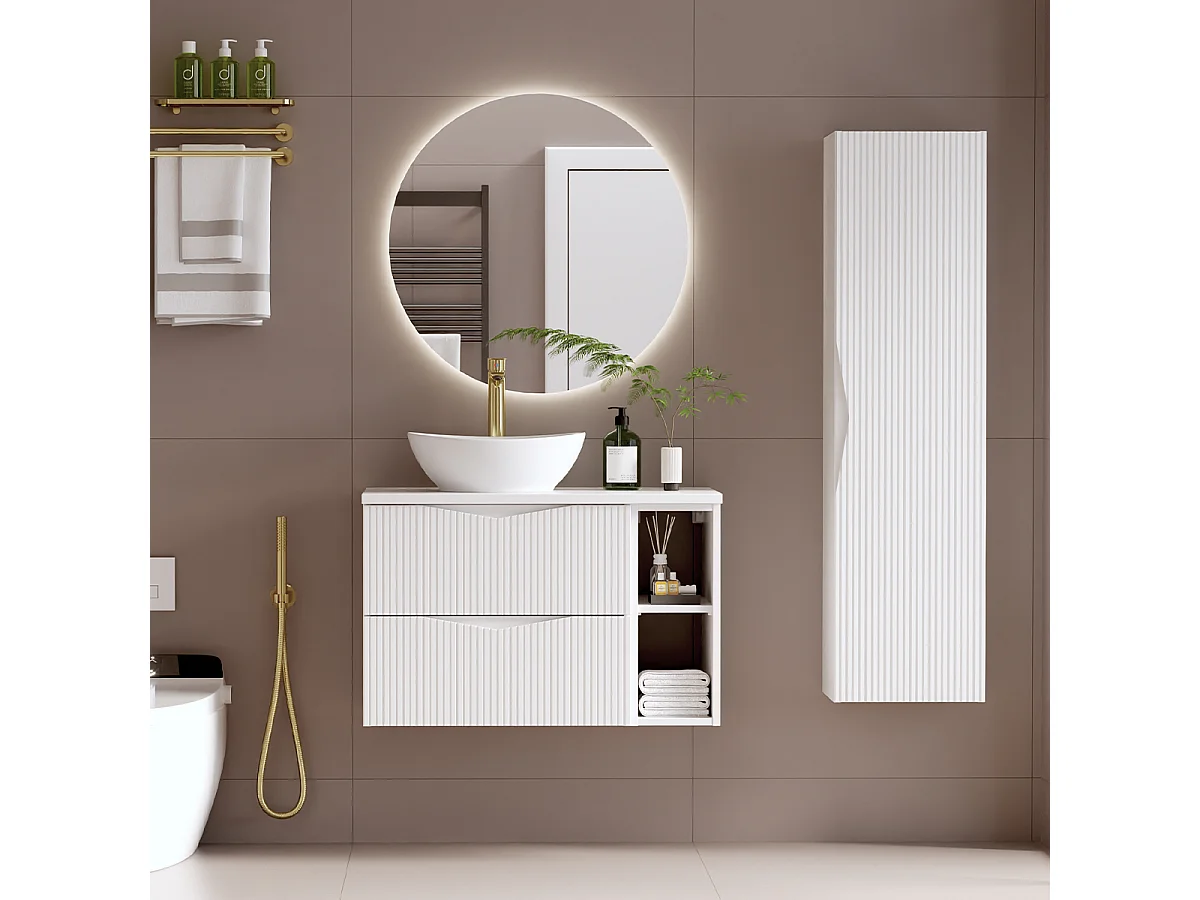 Ensemble meuble simple vasque 80cm 2 niches et colonne Tao Blanc