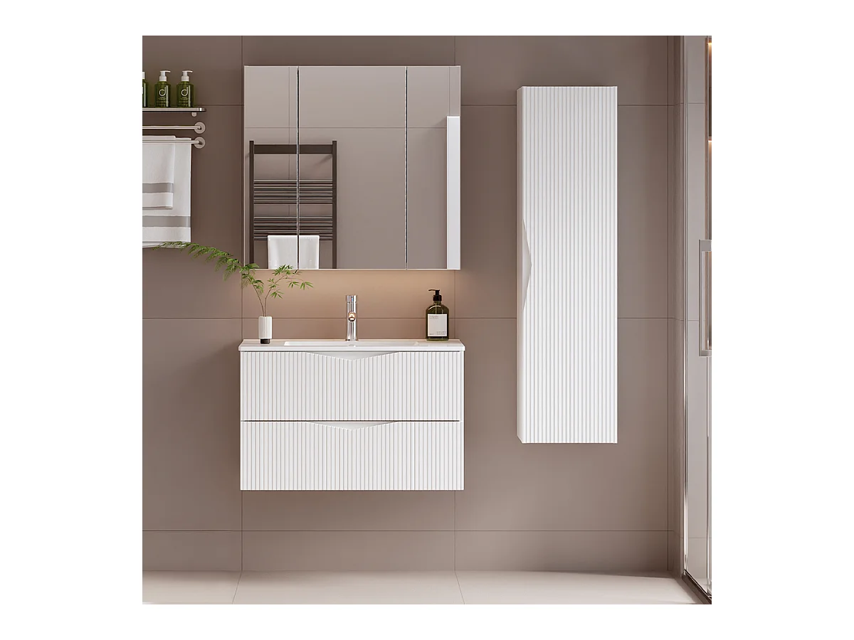 Ensemble meuble simple vasque encastrée 80cm et colonne Tao Blanc