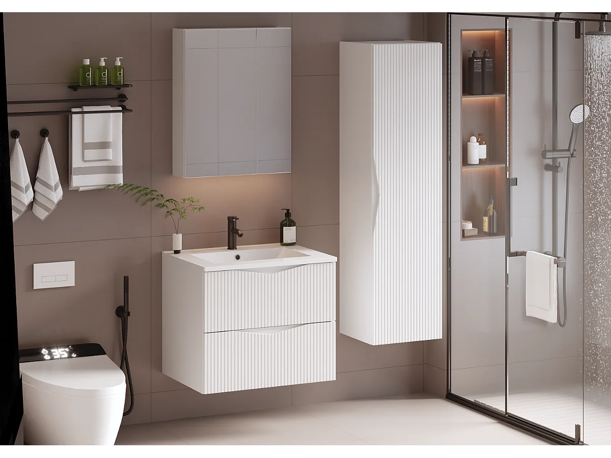 Ensemble meuble simple vasque encastrée 80cm et colonne Tao Blanc