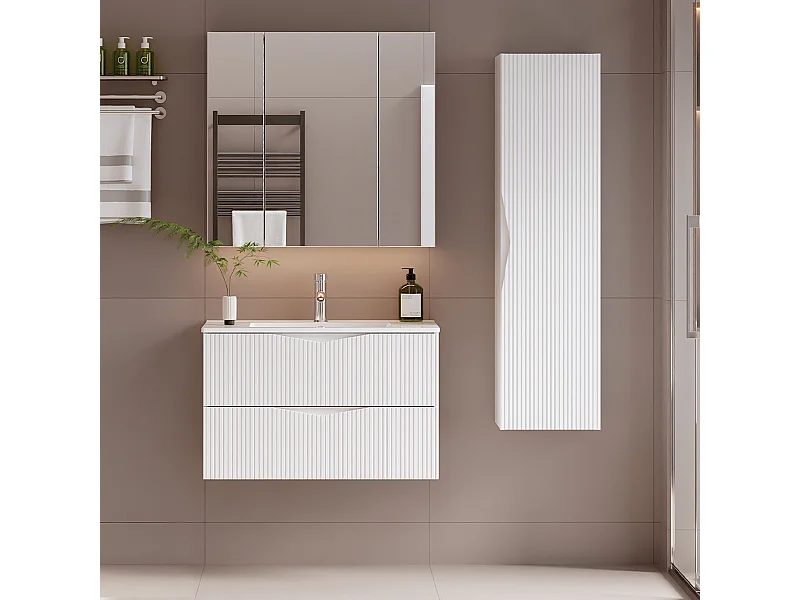 Ensemble meuble simple vasque encastrée 80cm et colonne Tao Blanc