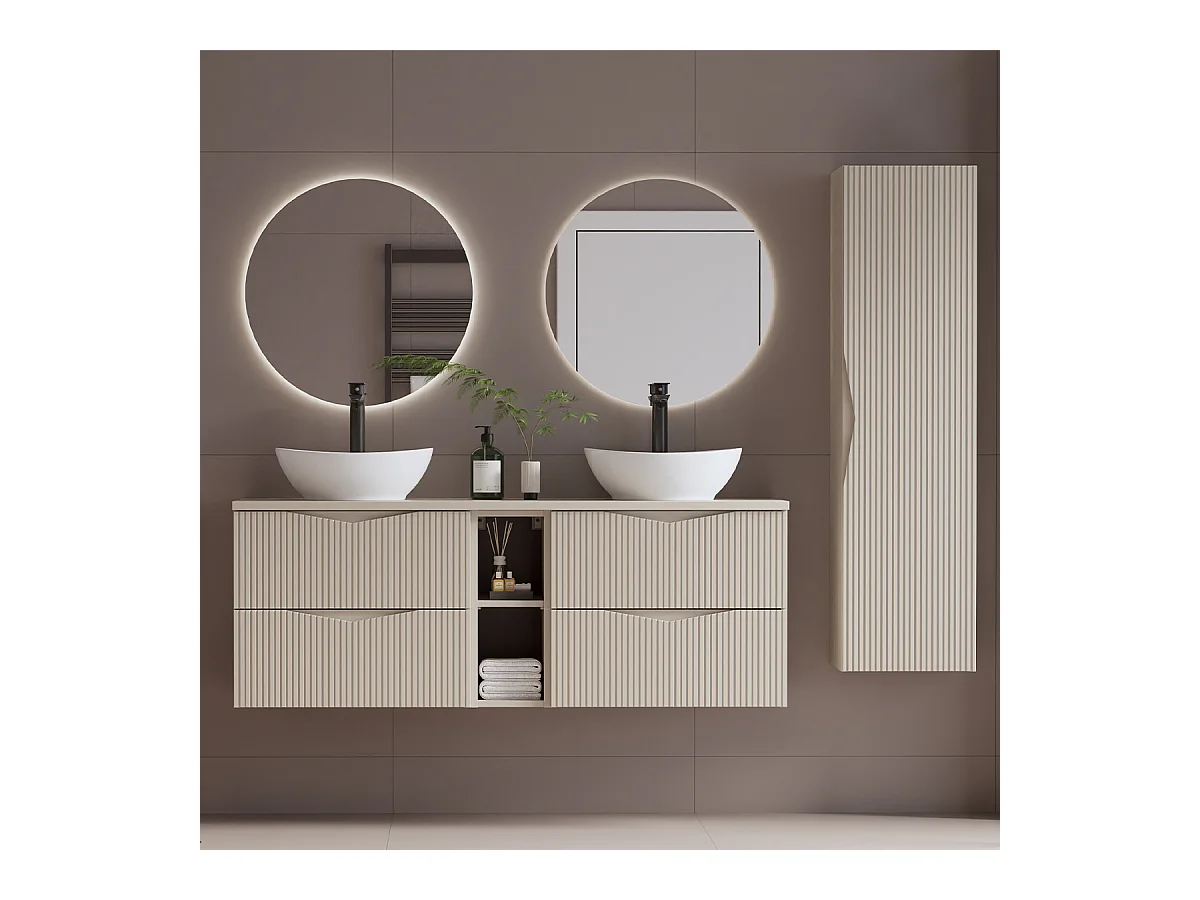 Ensemble meuble double vasque 140cm 2 niches et colonne Tao Cachemire