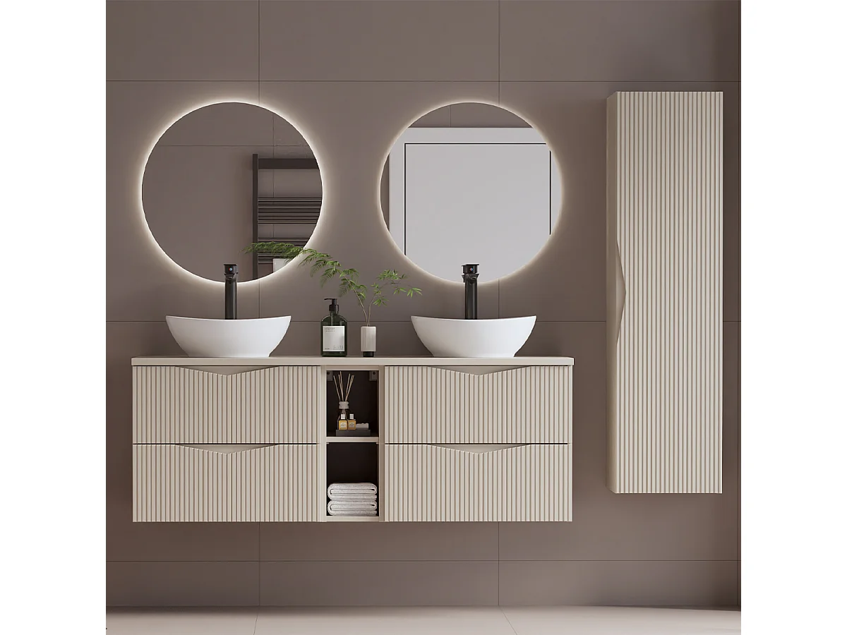 Ensemble meuble double vasque 140cm 2 niches et colonne Tao Cachemire