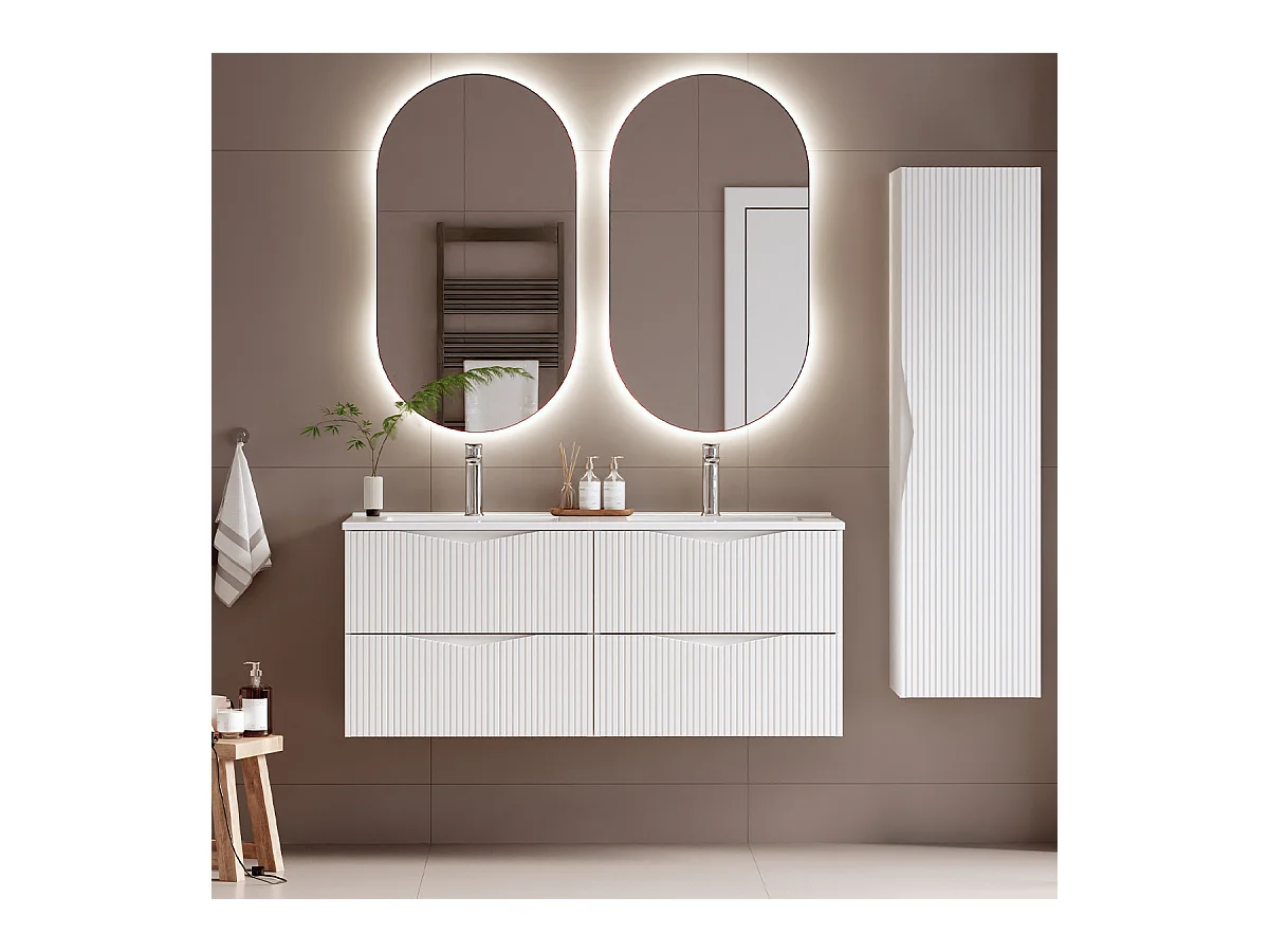 Ensemble meuble double vasque encastrée 120cm et colonne Tao Blanc